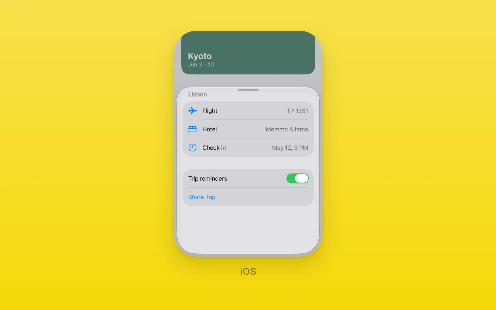 One.iOS Sheet at its medium detent over a list of trips, with a SwiftUI form inside