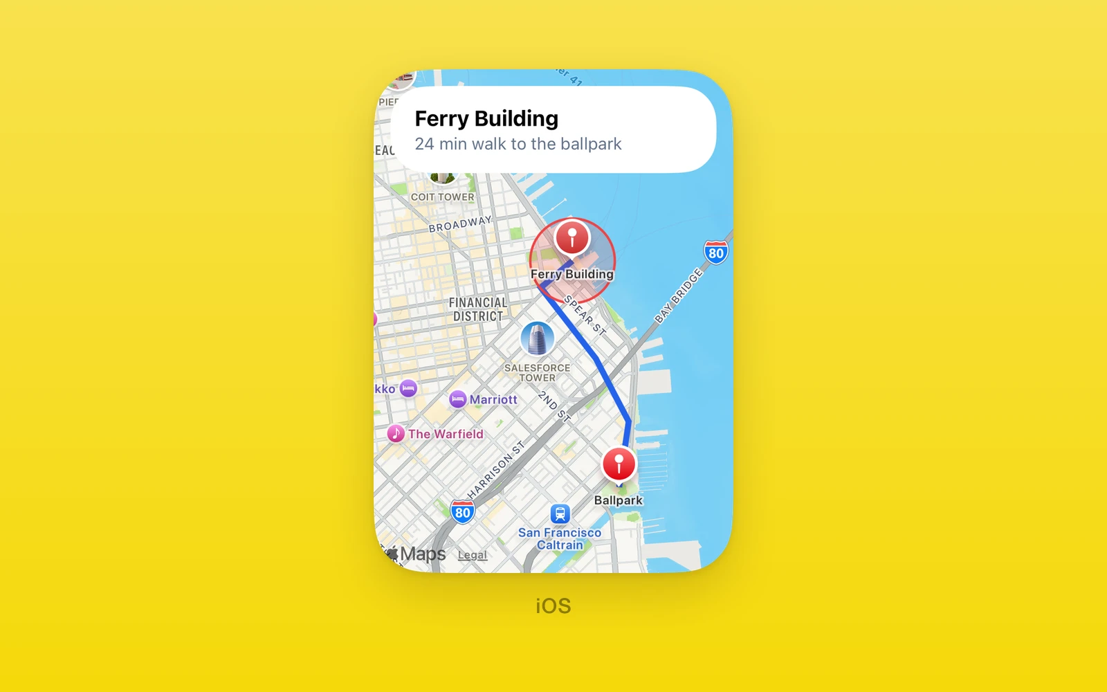 One.UI.Map on iOS: MapKit with markers, a walking route, and a radius over San Francisco